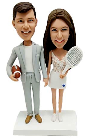 Personalized wedding cake topper groom football fan and bride tennis
